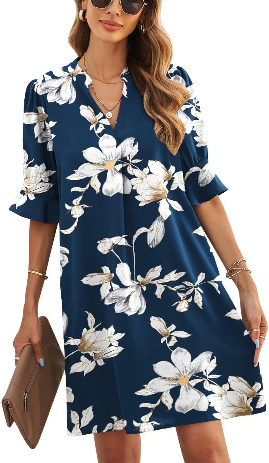 JOCAFIYE Womens Dresses Summer 2026 V-Neck Short Sleeve Dress Shift Dress | Ruffle Short Sleeve, V Neck,Shift Dresses, Floral Print,Mini Short Casual Dress for Graduation Party Date Night Teacher