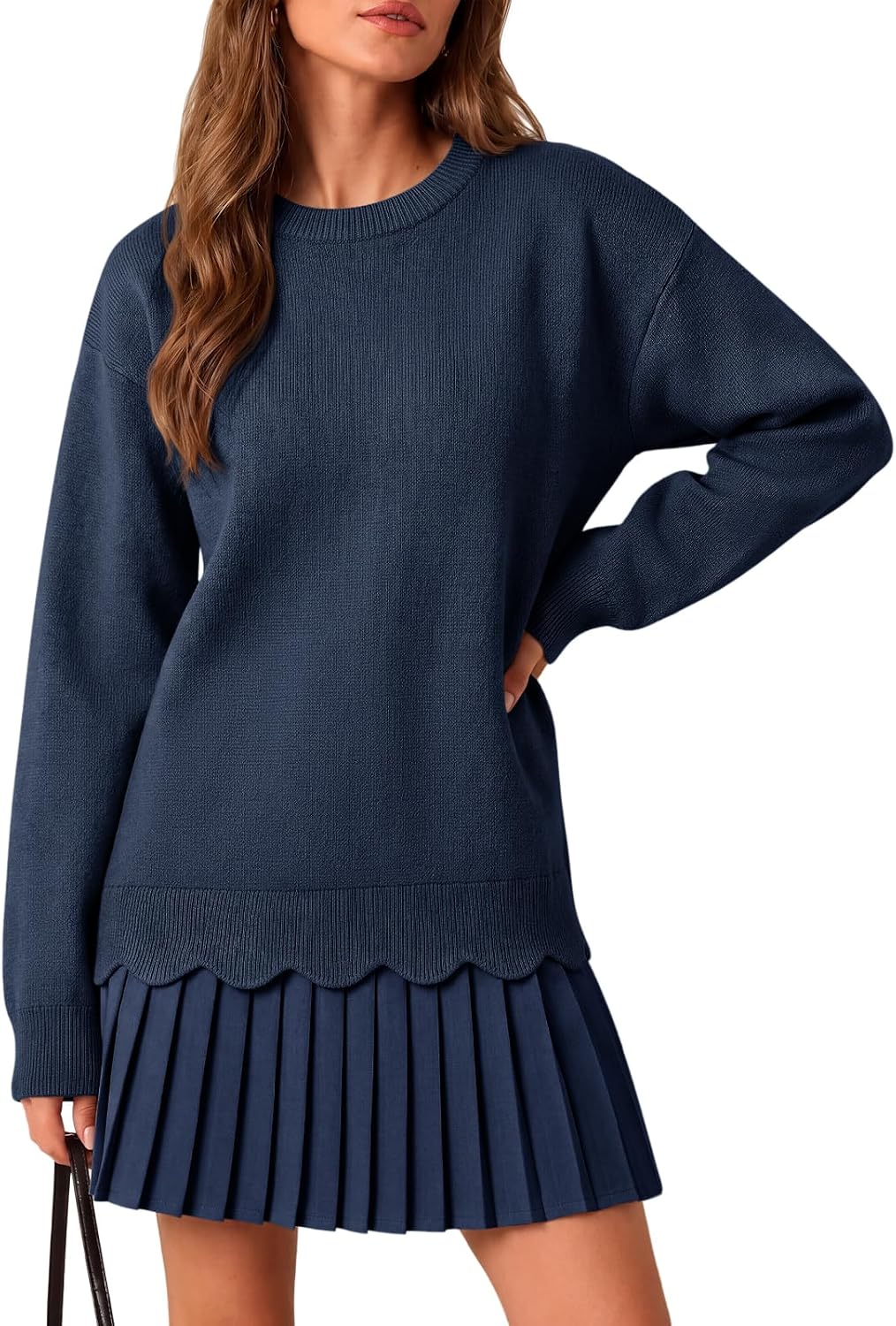 Saodimallsu Womens Pleated Sweater Dress Long Sleeve Crewneck Trendy Cute Loose Knit Fall Mini Dresses