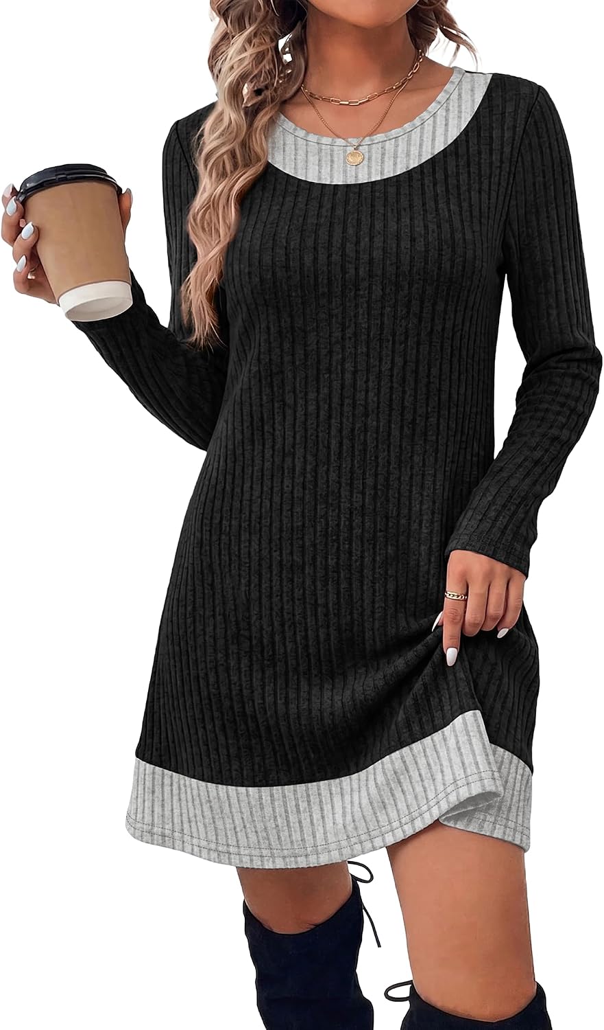 OFEEFAN Fall Dresses for Women 2026 Long Sleeve Sweater Dress Color Block | Side Pockets, Ribbed, Lightweight, Winter Clothing, Loose Fit