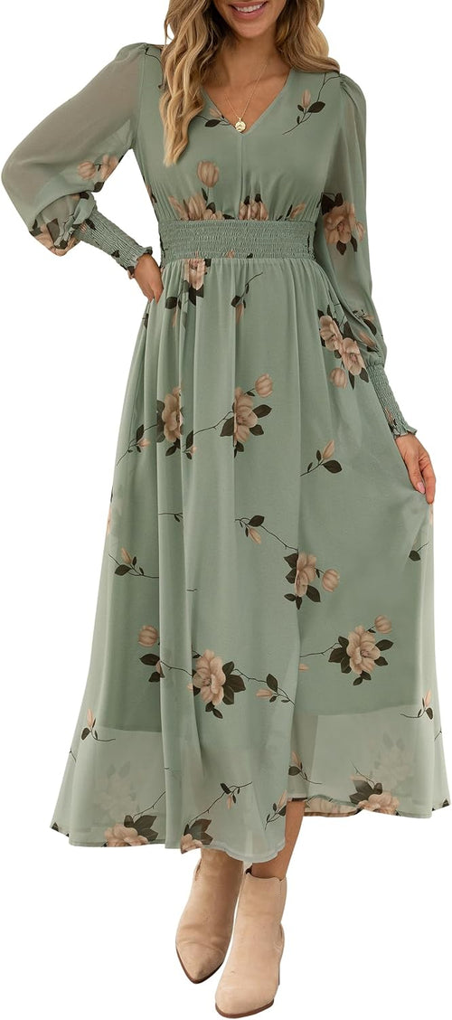ANRABESS Women's Floral Fall Wedding Guest Maxi Dress | Long Puff Sleeve V Neck Smocked Waist，Chiffon Lined Flowy A-line Boho Dress，Casual Travel Outfits，Garden Tea Party Clothes