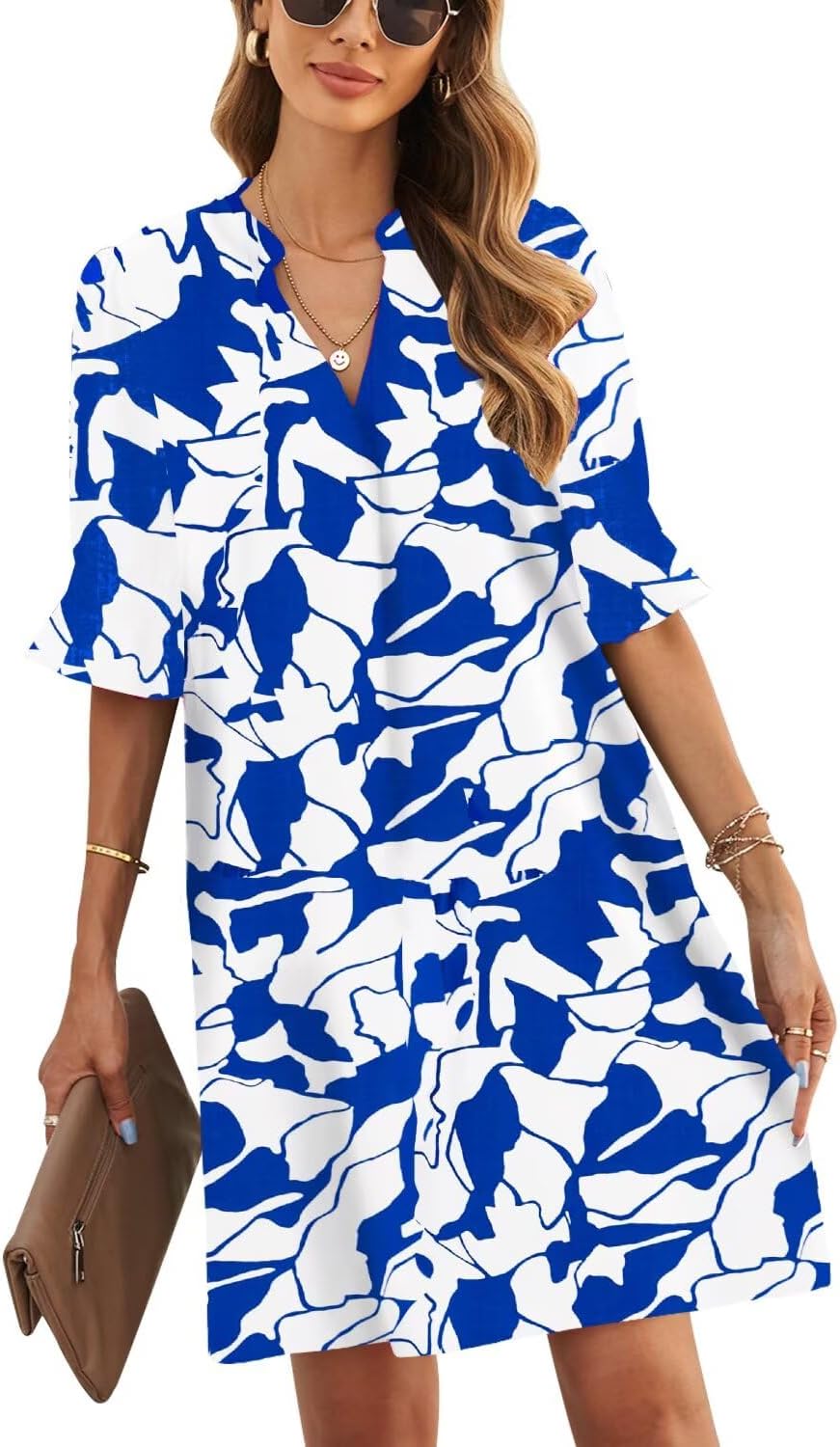 JOCAFIYE Womens Dresses Summer 2026 V-Neck Short Sleeve Dress Shift Dress | Ruffle Short Sleeve, V Neck,Shift Dresses, Floral Print,Mini Short Casual Dress for Graduation Party Date Night Teacher