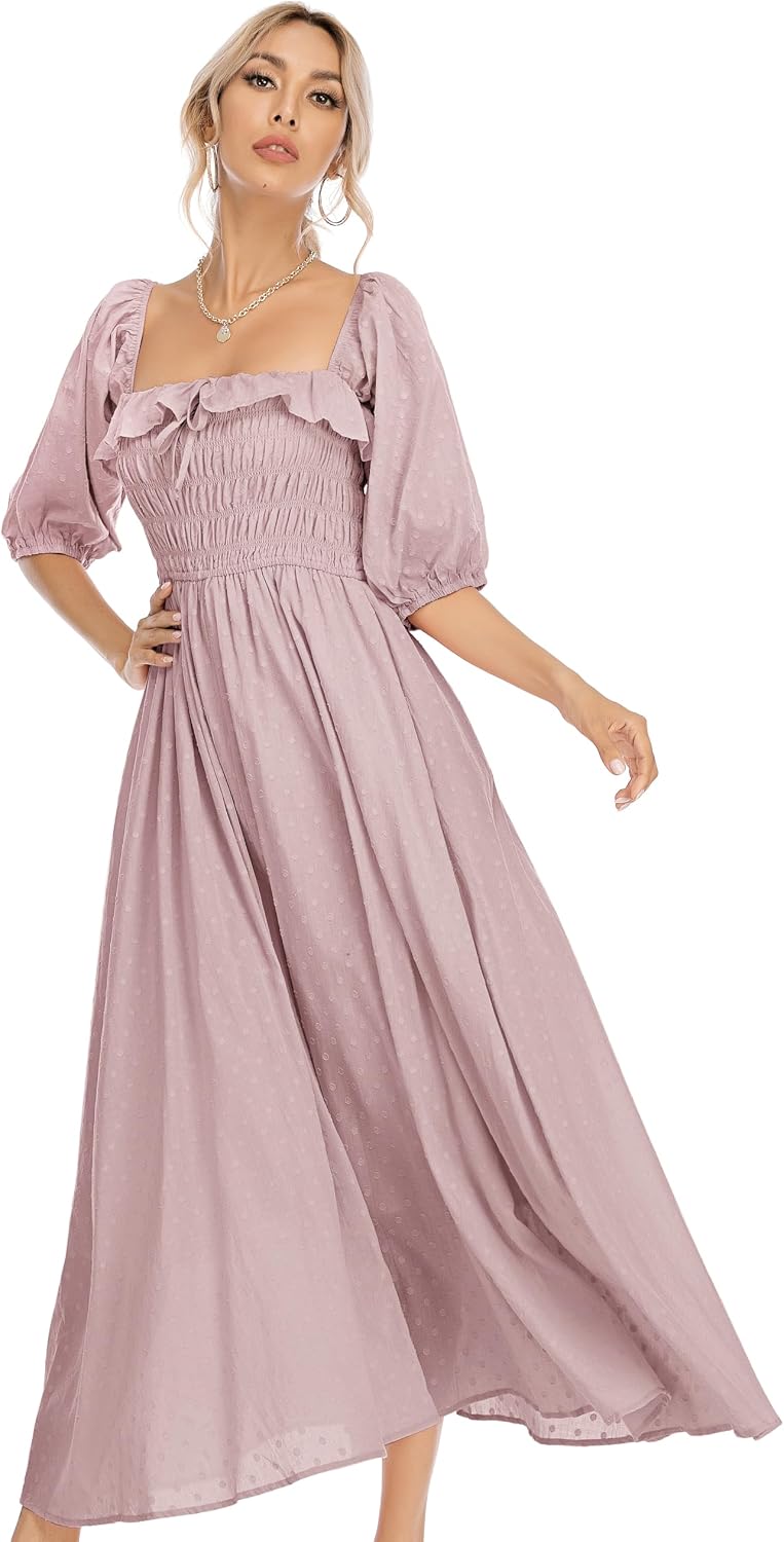 R.Vivimos Women Summer Cotton A Line Flowy Long Dresses | Half Sleeve, Ruffled, Vintage Elegant, Smocked Backless Dress, Maternity Shoot, Baby Shower, Casual Vacation Outfits