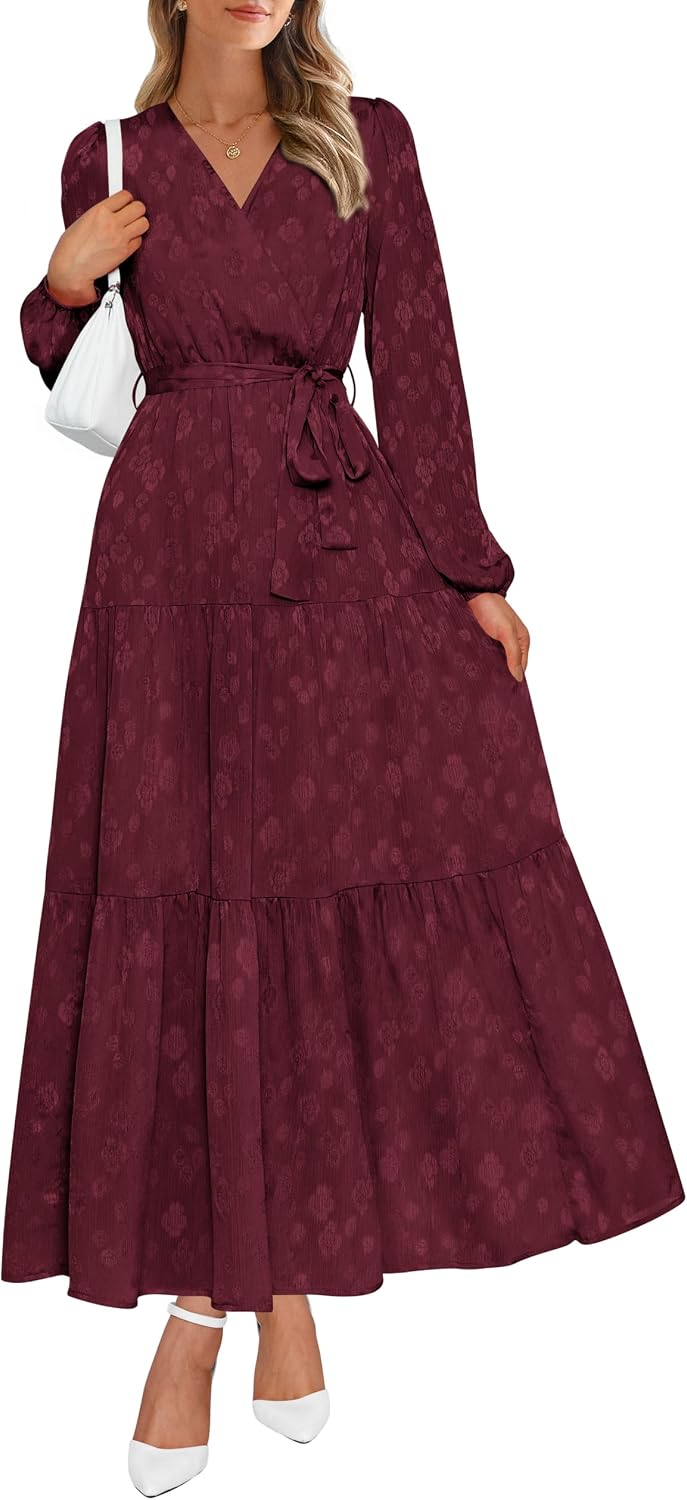 PRETTYGARDEN Womens Long Sleeve Boho Floral Wrap Maxi Dress | Fall Wedding Guest Dresses 2026, Chiffon Flowy Long Dresses, Casual Tie Waist V Neck Dress, Modest A Line Ruffle Tiered Dress