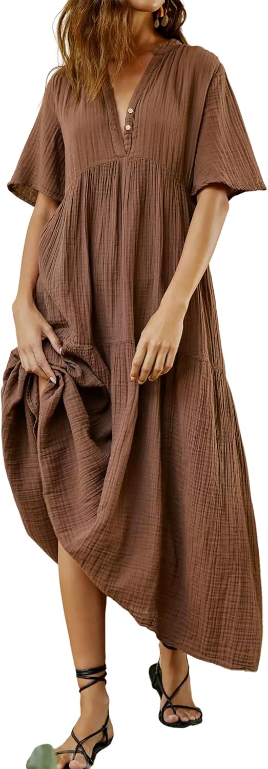 R.Vivimos Womens Summer Cotton Casual Flowy Maxi Dress | Short Sleeve, V Neck, Empire Waist, Boho Tiered Ruffle, Beach Vacation Loose Long Dresses
