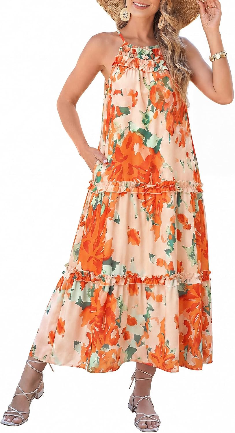 GRACE KARIN 2026 Women's Floral Halter Maxi Dress Boho Summer Beach Sundress with Tiered Ruffle Skirt