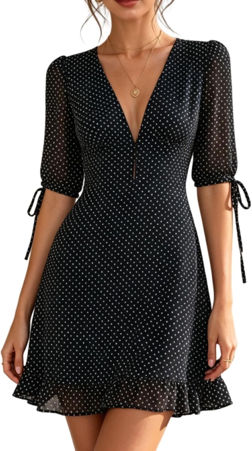 RIHOAS Women's Polka Dot Mini Dress - Deep V Neck High Waisted A-Line Dress with Ruched & Flounce