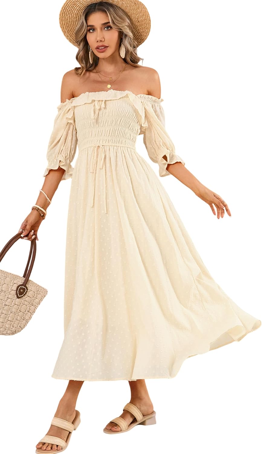 R.Vivimos Women Summer Cotton A Line Flowy Long Dresses | Half Sleeve, Ruffled, Vintage Elegant, Smocked Backless Dress, Maternity Shoot, Baby Shower, Casual Vacation Outfits