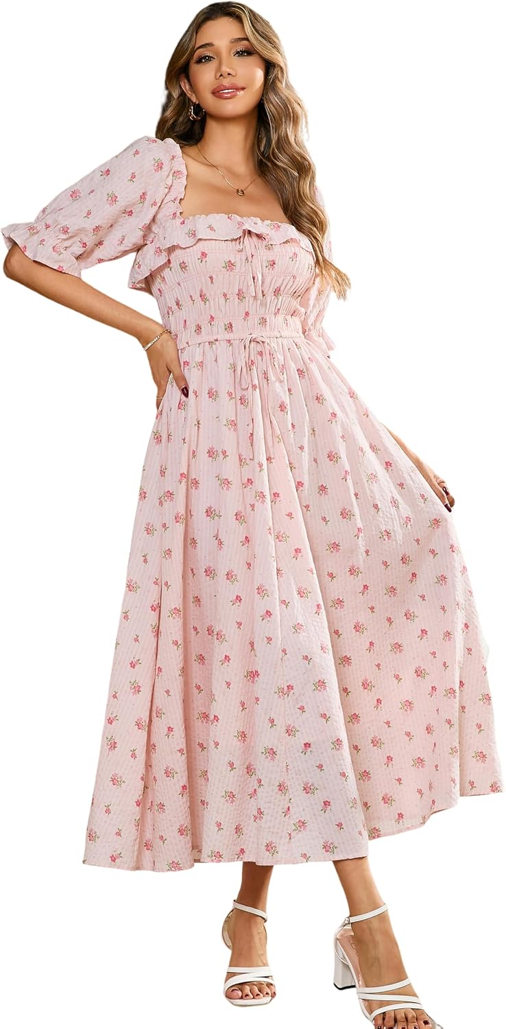 R.Vivimos Women Summer Cotton A Line Flowy Long Dresses | Half Sleeve, Ruffled, Vintage Elegant, Smocked Backless Dress, Maternity Shoot, Baby Shower, Casual Vacation Outfits