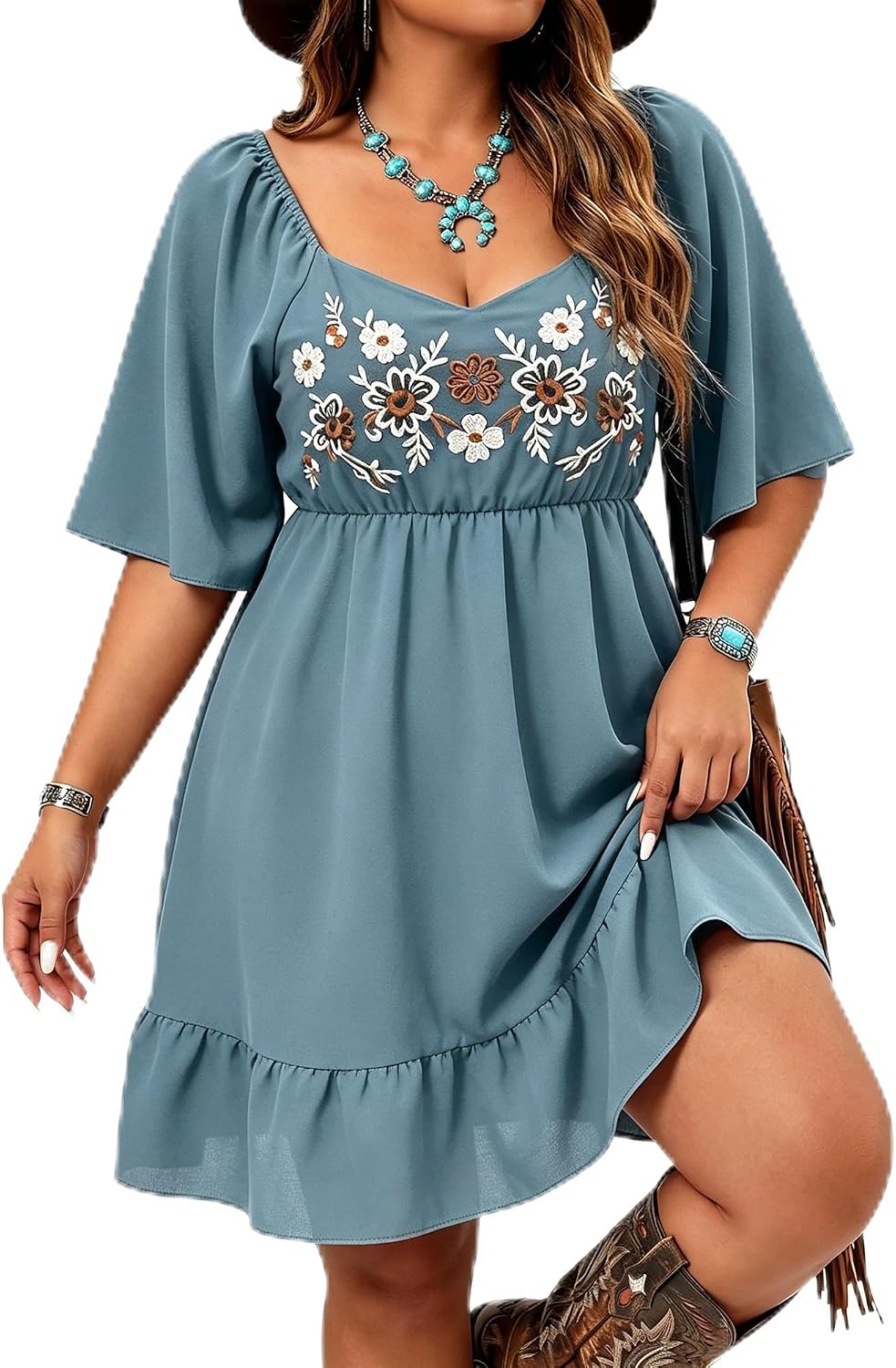 UpFind Western Flowy Boho Embroidered Dress Country Concert Cowgirl Outfits | Ruffle, A Line, Midi, Summer, Casual, Above the Knee, Short Dress, 9 types of patterns, Vacations, Festivals, Weddings