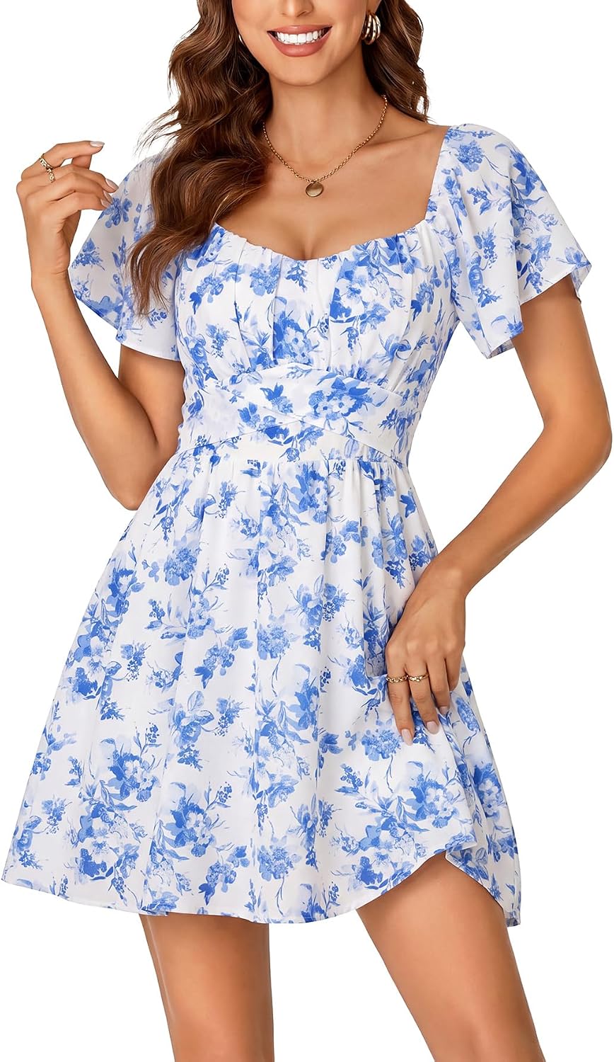 Rooscier Women's Tie Back Short Sleeve Mini Dress | Square Neck Wrap Ruffle Sleeve Flare Dresses