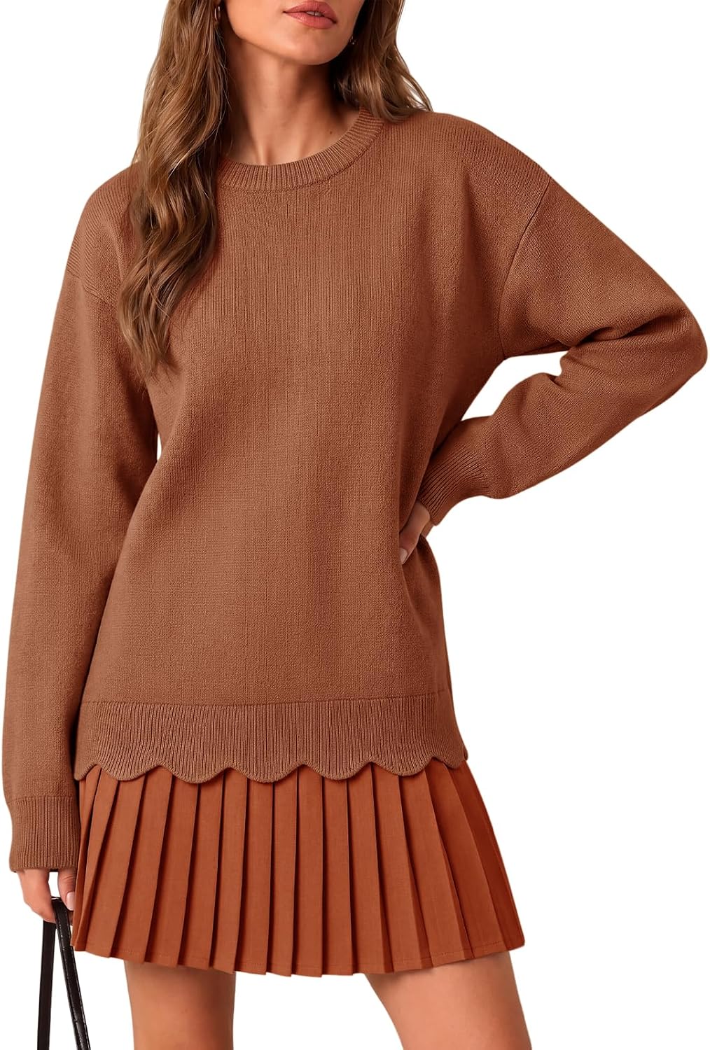 Saodimallsu Womens Pleated Sweater Dress Long Sleeve Crewneck Trendy Cute Loose Knit Fall Mini Dresses