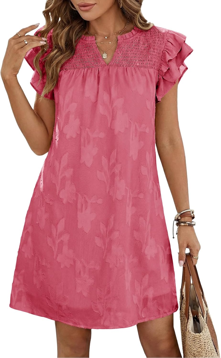 Dokotoo Womens Summer Dresses 2026 Ruffle Short Sleeve Casual V Neck Smocked Floral Burnout Mini Dress Sundress