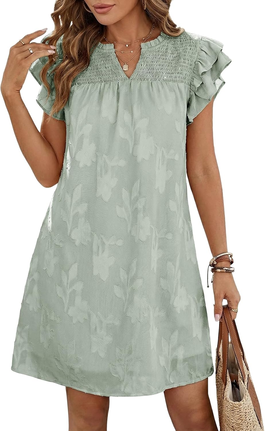 Dokotoo Womens Summer Dresses 2026 Ruffle Short Sleeve Casual V Neck Smocked Floral Burnout Mini Dress Sundress