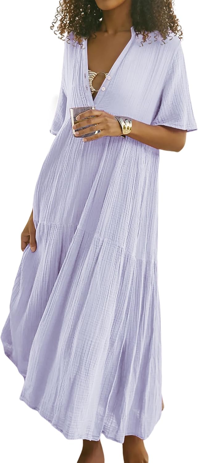 R.Vivimos Womens Summer Cotton Casual Flowy Maxi Dress | Short Sleeve, V Neck, Empire Waist, Boho Tiered Ruffle, Beach Vacation Loose Long Dresses