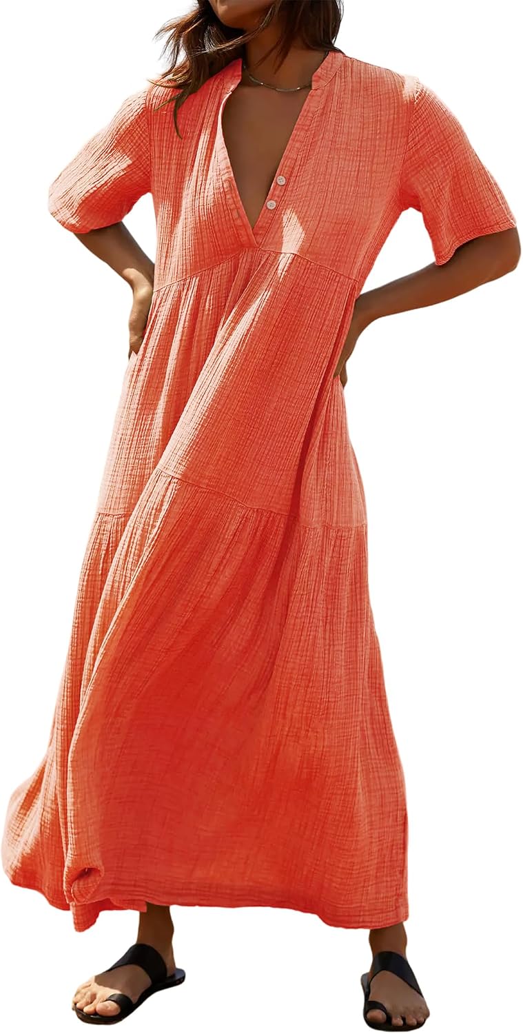R.Vivimos Womens Summer Cotton Casual Flowy Maxi Dress | Short Sleeve, V Neck, Empire Waist, Boho Tiered Ruffle, Beach Vacation Loose Long Dresses