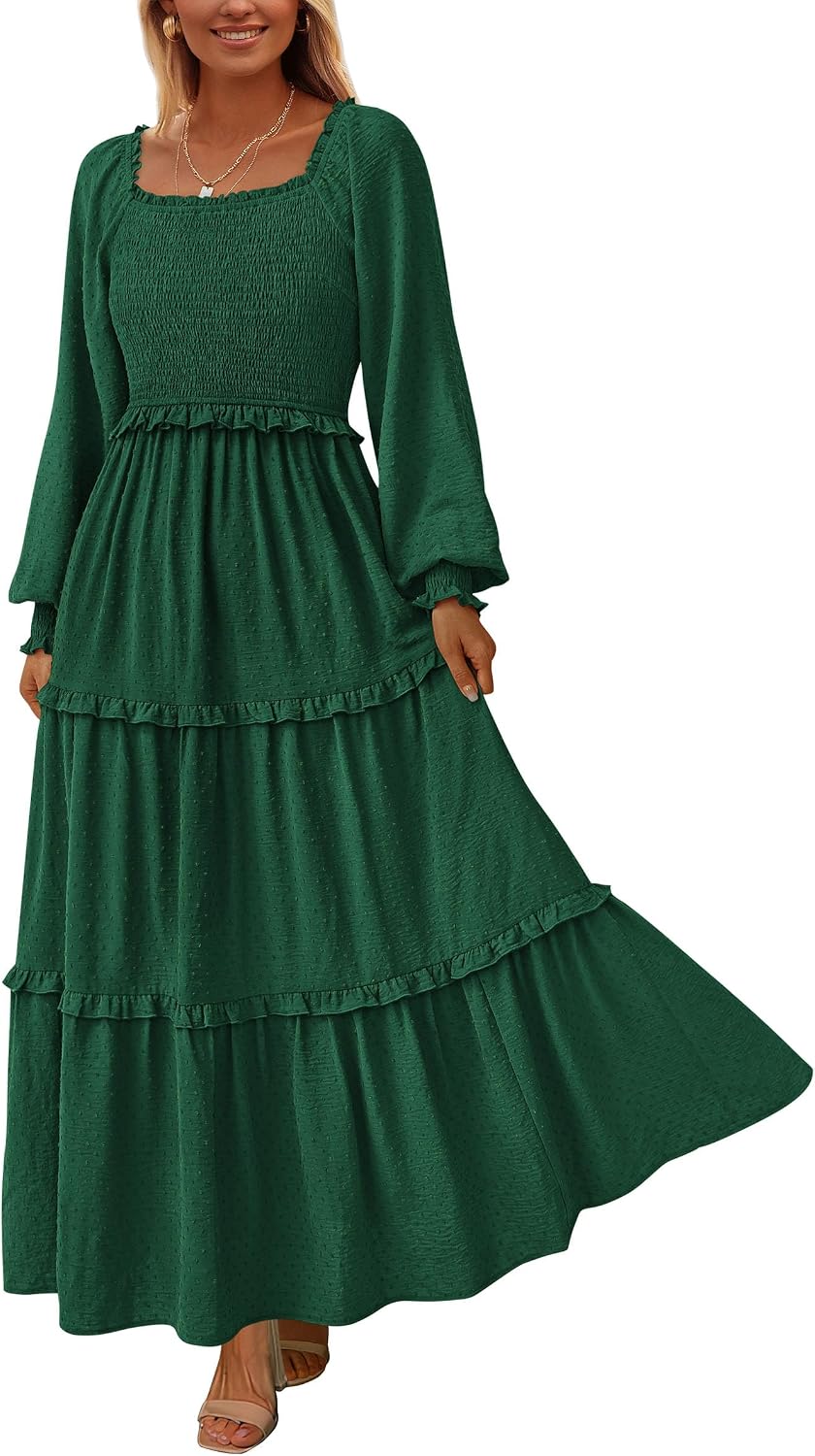 PRETTYGARDEN Women's Smocked Long Sleeve Maxi Dress Wedding Guest Dresses | Elegant Fall Vacation Outfits, Square Neck Swiss Dot, High Waist Tiered Ruffle, Pockets, Flowy Boho Spring Party Clothes