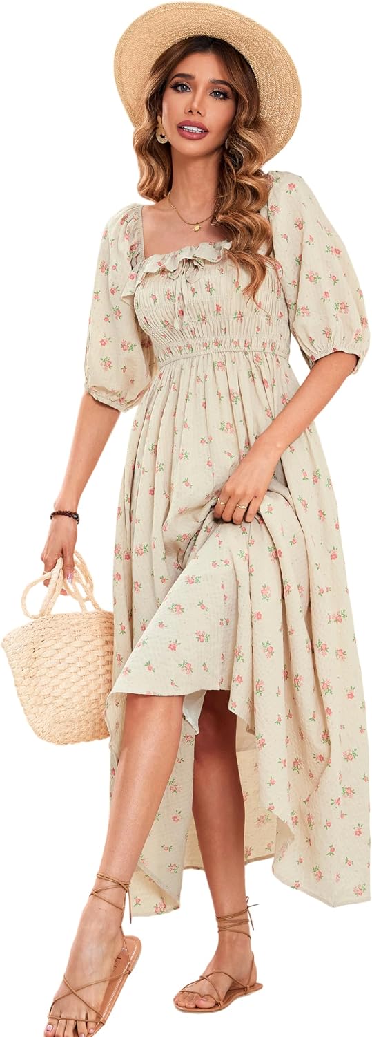 R.Vivimos Women Summer Cotton A Line Flowy Long Dresses | Half Sleeve, Ruffled, Vintage Elegant, Smocked Backless Dress, Maternity Shoot, Baby Shower, Casual Vacation Outfits