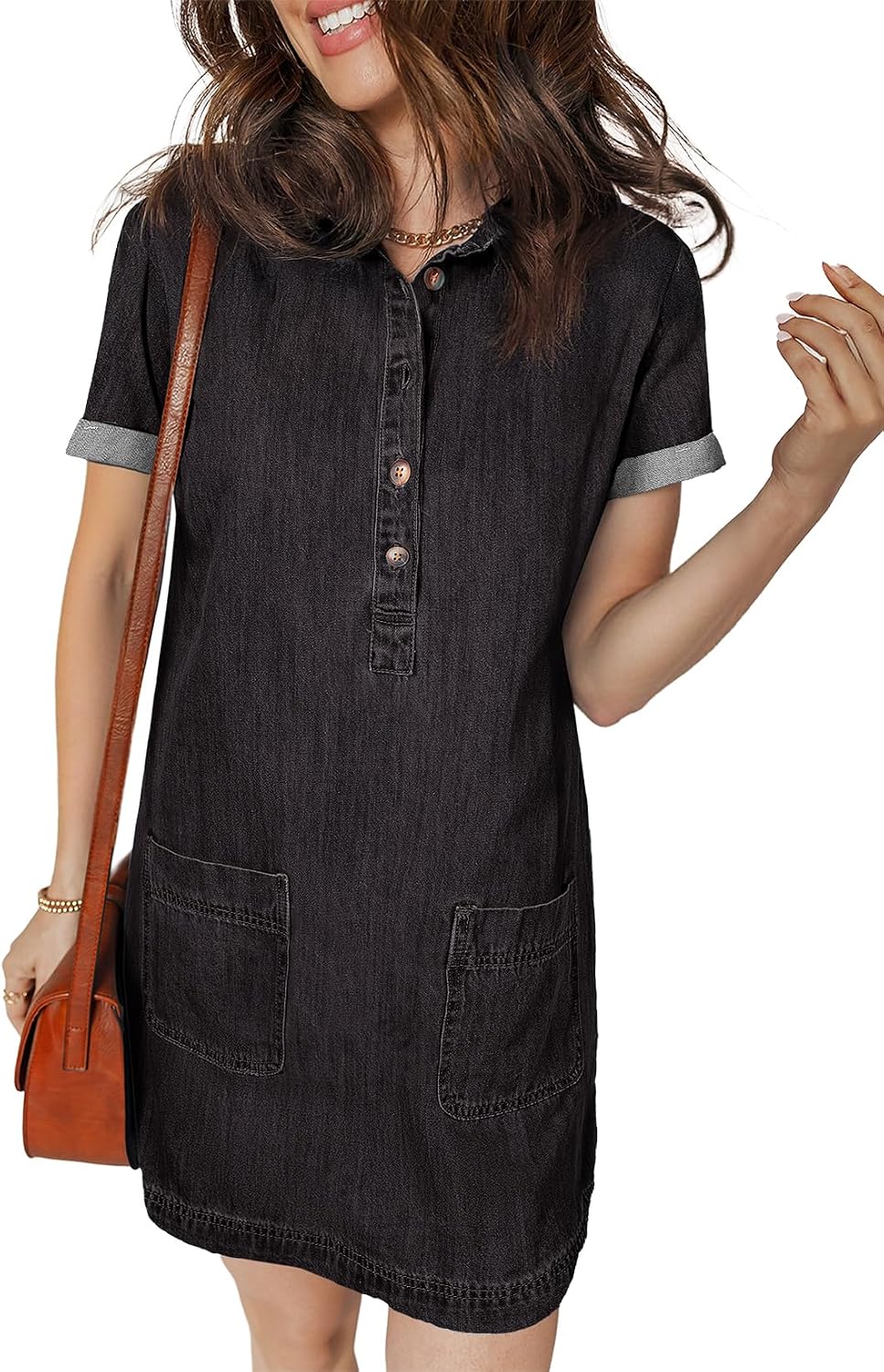 Sidefeel Womens Denim Dress Casual A Line Trendy Mini Jean Dress | Lapel Collar, Partial Button Placket, Short Cuffed Sleeves, Patch Pockets, Above Knee, Trendy Lightweight Summer Shirt Dress