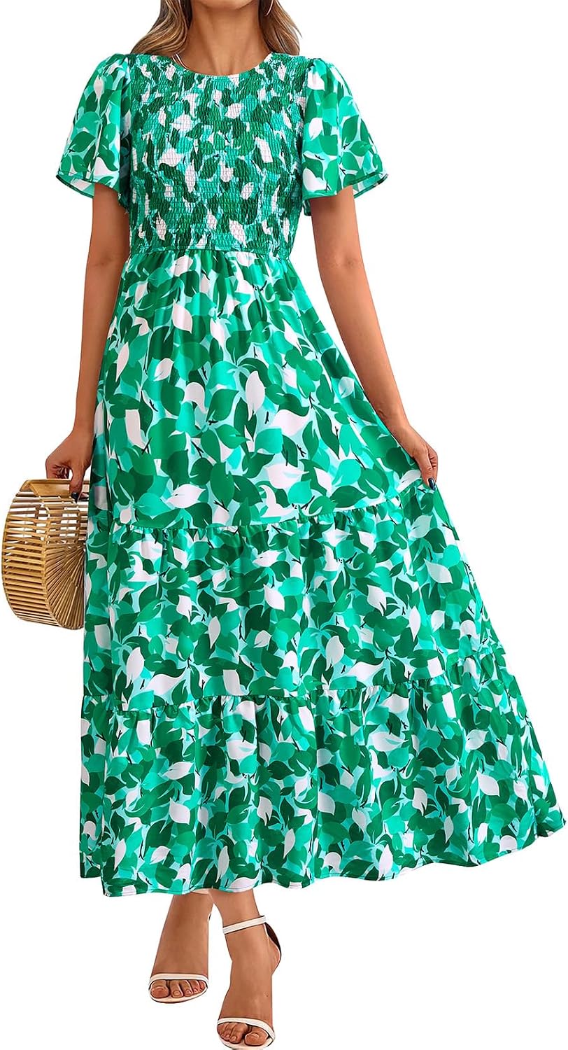 PRETTYGARDEN Women's 2026 Summer Casual Flutter Sleeve Floral Maxi Dress | Crew Neck Short Sleeve Dress, Smocked Top High Waisted Wedding Guest Dresses for Women, Tiered Hem Flowy Boho Long Dresses