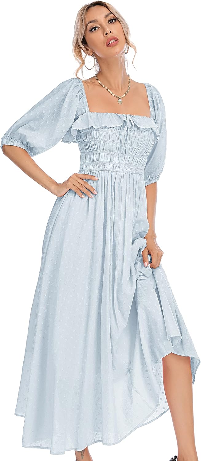 R.Vivimos Women Summer Cotton A Line Flowy Long Dresses | Half Sleeve, Ruffled, Vintage Elegant, Smocked Backless Dress, Maternity Shoot, Baby Shower, Casual Vacation Outfits
