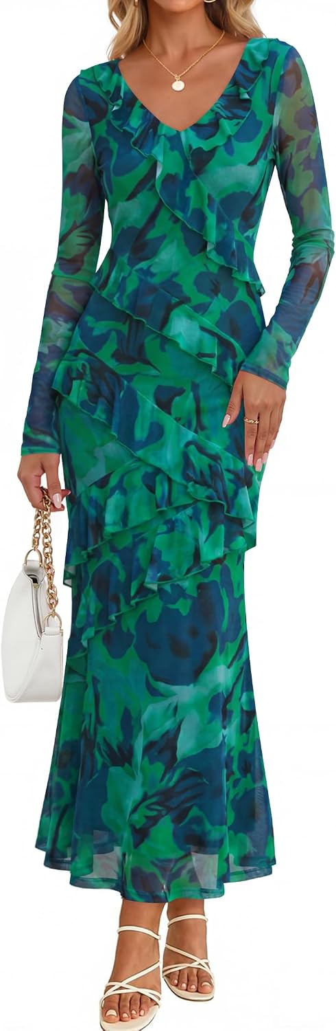 ZESICA Wedding Guest Dresses for Women Fall Long Sleeve Floral Maxi Dress | 2026 Early Fall Fashion, Bodycon, V Neck, Mesh Fabric, Tiered Ruffle, Boho Long Dress, Baby Shower, Cocktail, Bridal Dress