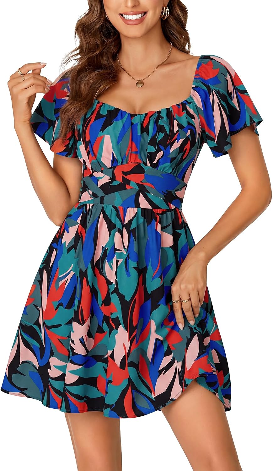 Rooscier Women's Tie Back Short Sleeve Mini Dress | Square Neck Wrap Ruffle Sleeve Flare Dresses