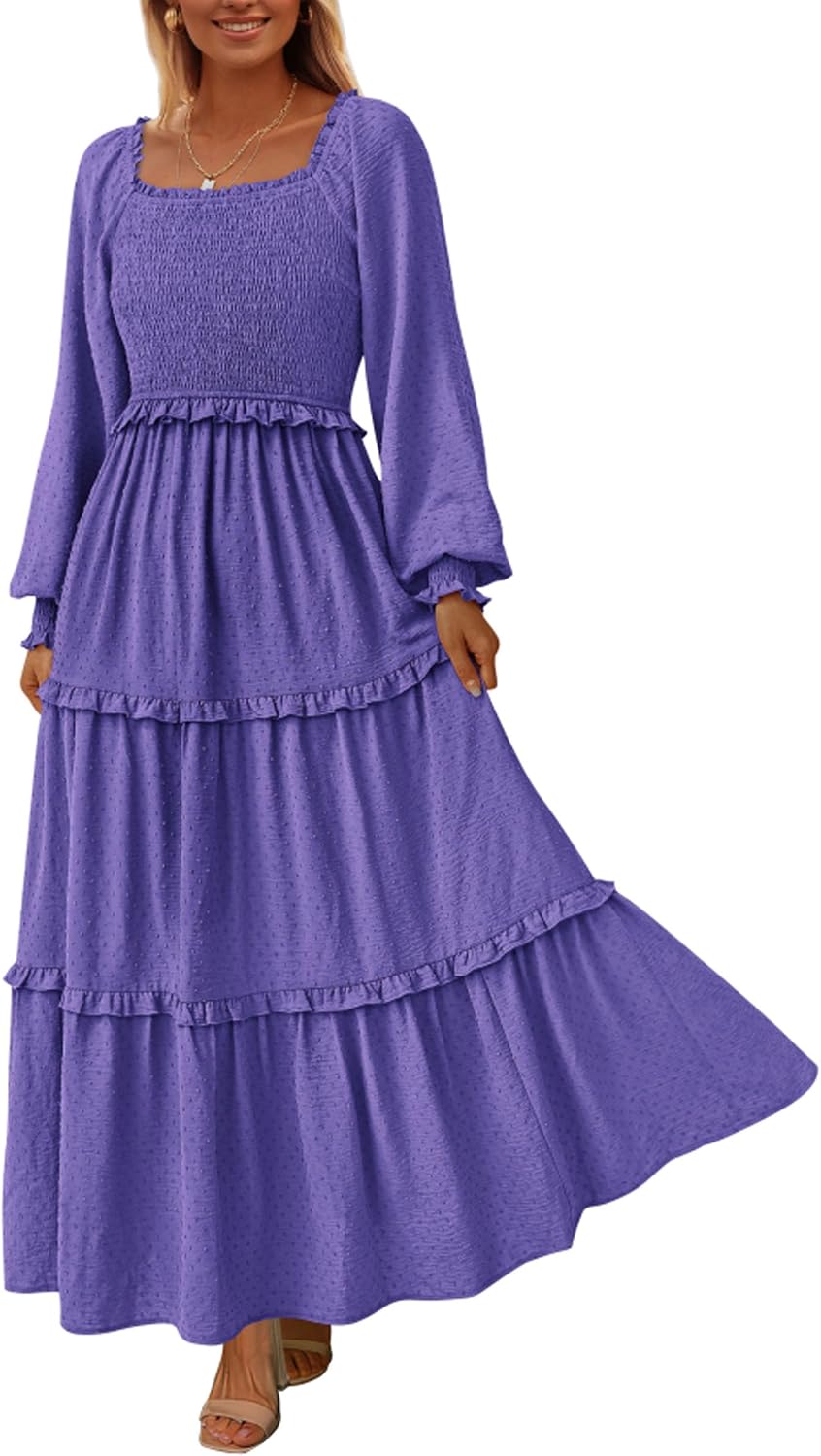 PRETTYGARDEN Women's Smocked Long Sleeve Maxi Dress Wedding Guest Dresses | Elegant Fall Vacation Outfits, Square Neck Swiss Dot, High Waist Tiered Ruffle, Pockets, Flowy Boho Spring Party Clothes