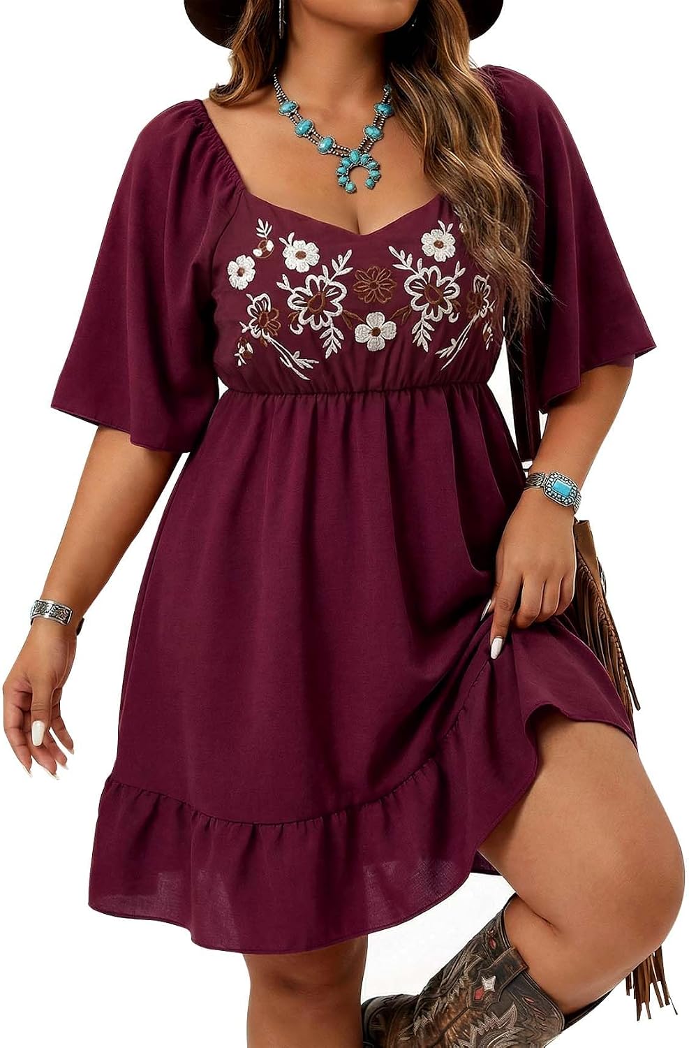 UpFind Western Flowy Boho Embroidered Dress Country Concert Cowgirl Outfits | Ruffle, A Line, Midi, Summer, Casual, Above the Knee, Short Dress, 9 types of patterns, Vacations, Festivals, Weddings