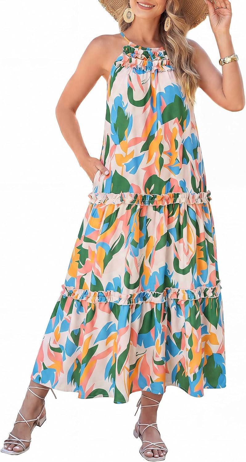 GRACE KARIN 2026 Women's Floral Halter Maxi Dress Boho Summer Beach Sundress with Tiered Ruffle Skirt