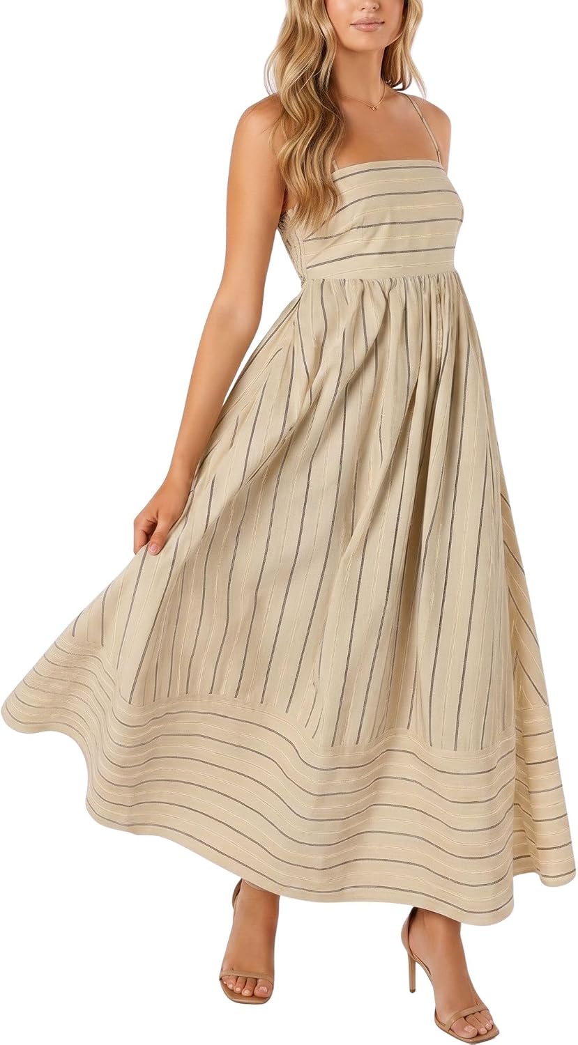 chouyatou Women's Striped Back Smocked Maxi Dress Sexy Spaghetti Strap Cut Out Flowy Swing Long Dress