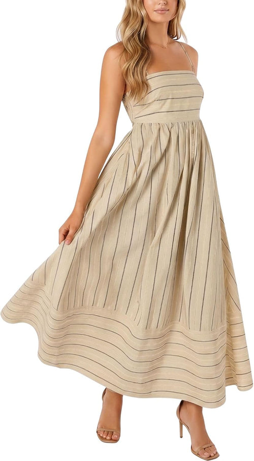 chouyatou Women's Striped Back Smocked Maxi Dress Sexy Spaghetti Strap Cut Out Flowy Swing Long Dress