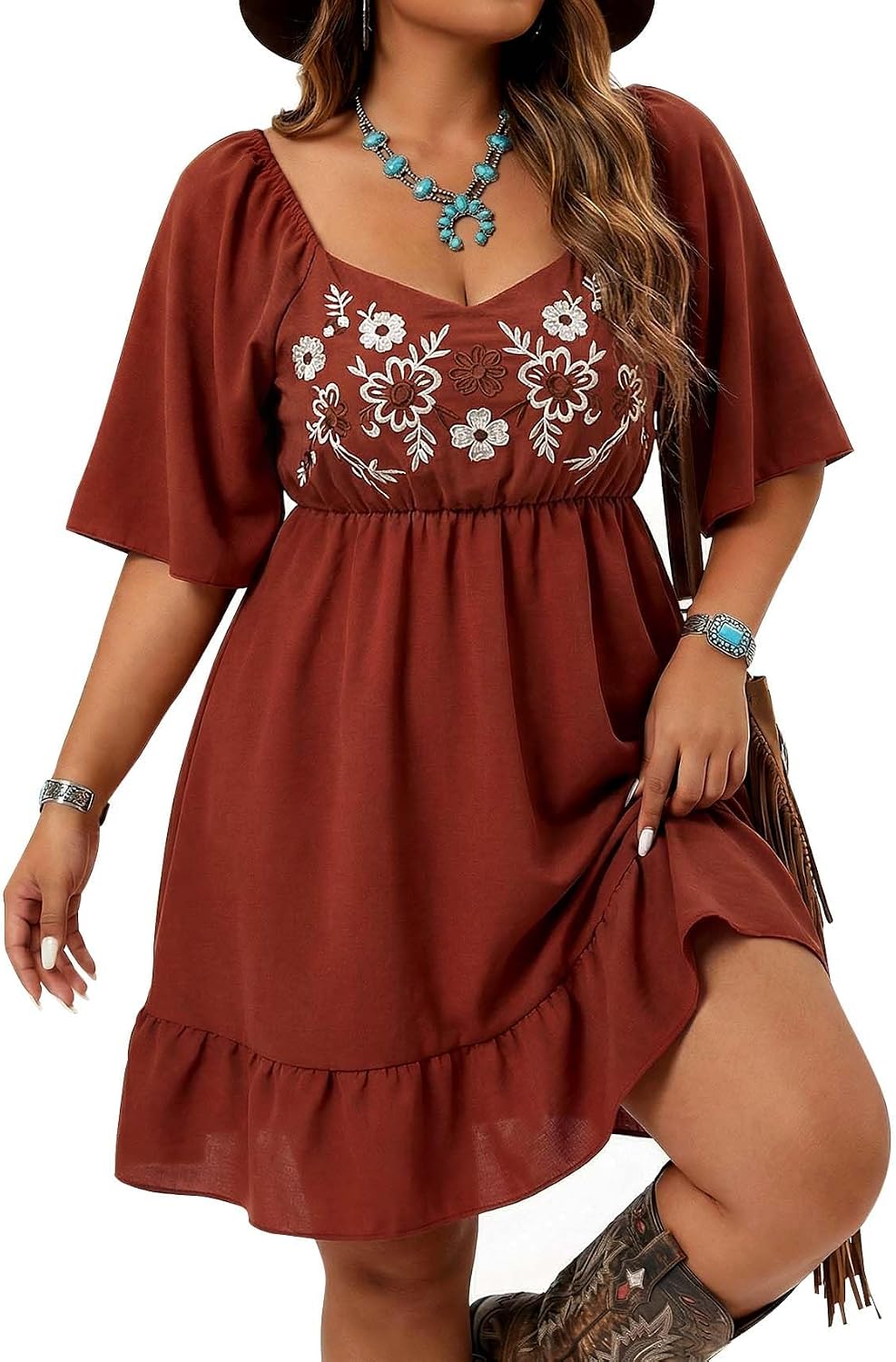 UpFind Western Flowy Boho Embroidered Dress Country Concert Cowgirl Outfits | Ruffle, A Line, Midi, Summer, Casual, Above the Knee, Short Dress, 9 types of patterns, Vacations, Festivals, Weddings
