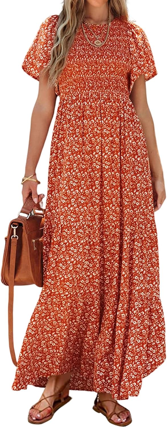 PRETTYGARDEN Women's 2026 Summer Casual Flutter Sleeve Floral Maxi Dress | Crew Neck Short Sleeve Dress, Smocked Top High Waisted Wedding Guest Dresses for Women, Tiered Hem Flowy Boho Long Dresses