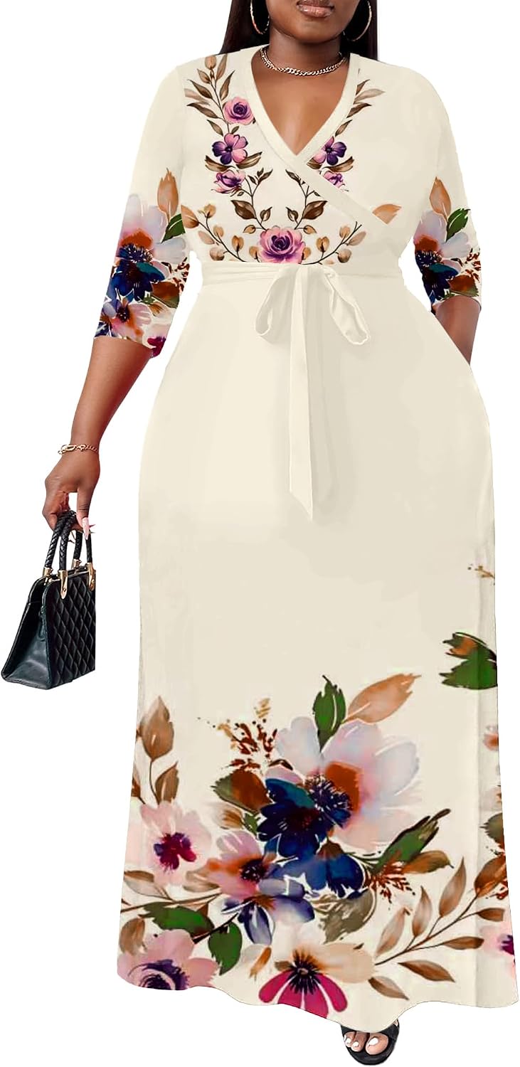 Nmoder Plus Size Maxi Dresses for Curvy Women -Summer Casual Long Fit Dress | Semi Formal, 3\/4 Sleeve V-Neck Flowy Dress, With Pockets And Belt, XL- 6XL