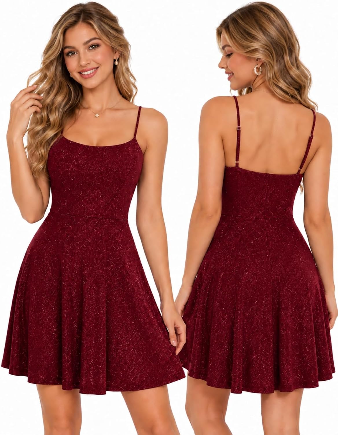 Bbonlinedress Spaghetti Straps Sparkly Homecoming Dress Fit and Flare Glitter Mini Swing Semi Formal Prom Party Club Dress