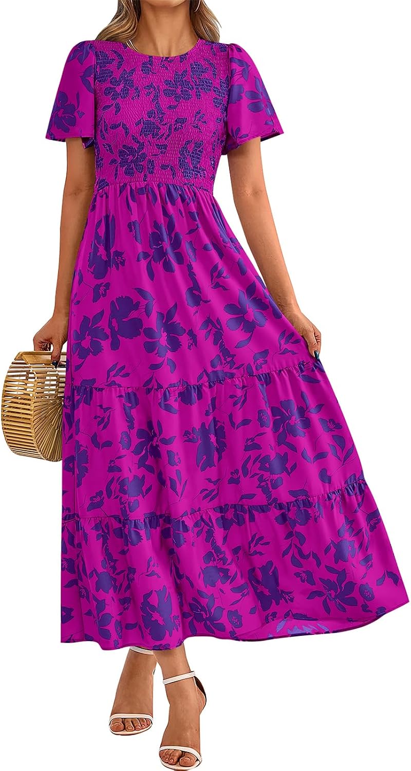 PRETTYGARDEN Women's 2026 Summer Casual Flutter Sleeve Floral Maxi Dress | Crew Neck Short Sleeve Dress, Smocked Top High Waisted Wedding Guest Dresses for Women, Tiered Hem Flowy Boho Long Dresses