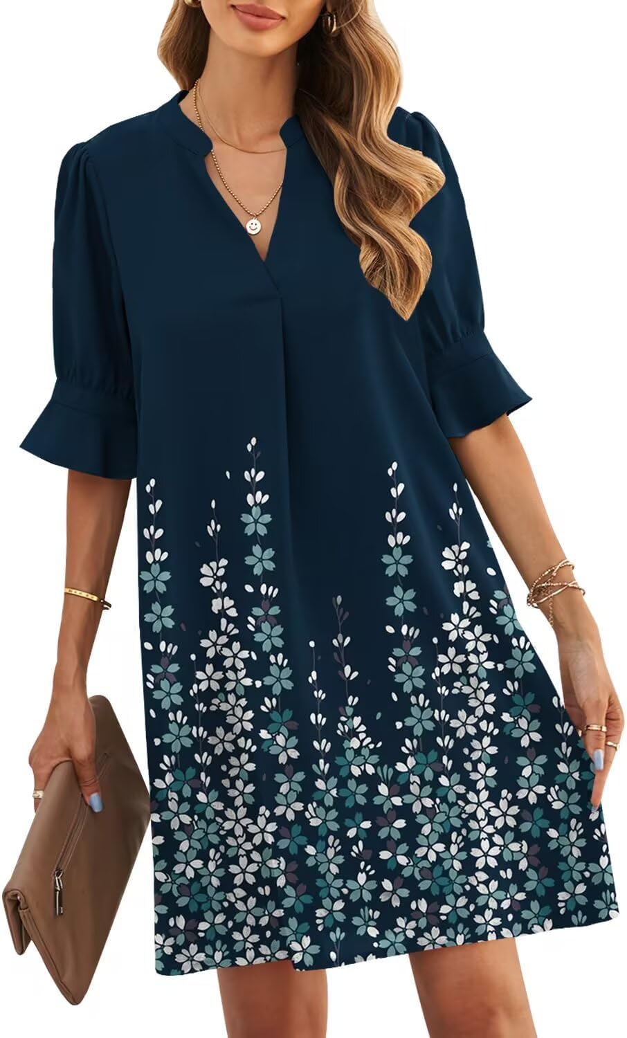 JOCAFIYE Womens Dresses Summer 2026 V-Neck Short Sleeve Dress Shift Dress | Ruffle Short Sleeve, V Neck,Shift Dresses, Floral Print,Mini Short Casual Dress for Graduation Party Date Night Teacher