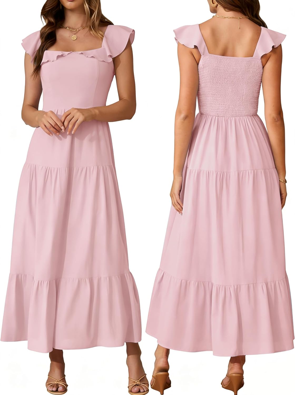 AUMORA Womens Summer Sleeveless Maxi Dress Square Neck | Smocked Backless, Ruffle Boho Flowy, A-Line Beach Dress, Vacation Resort Wear Outfits