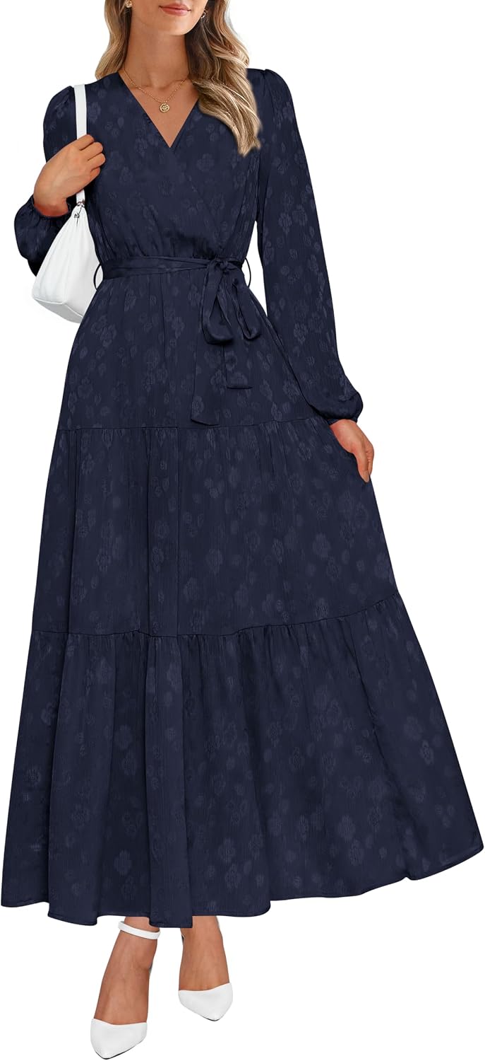 PRETTYGARDEN Womens Long Sleeve Boho Floral Wrap Maxi Dress | Fall Wedding Guest Dresses 2026, Chiffon Flowy Long Dresses, Casual Tie Waist V Neck Dress, Modest A Line Ruffle Tiered Dress