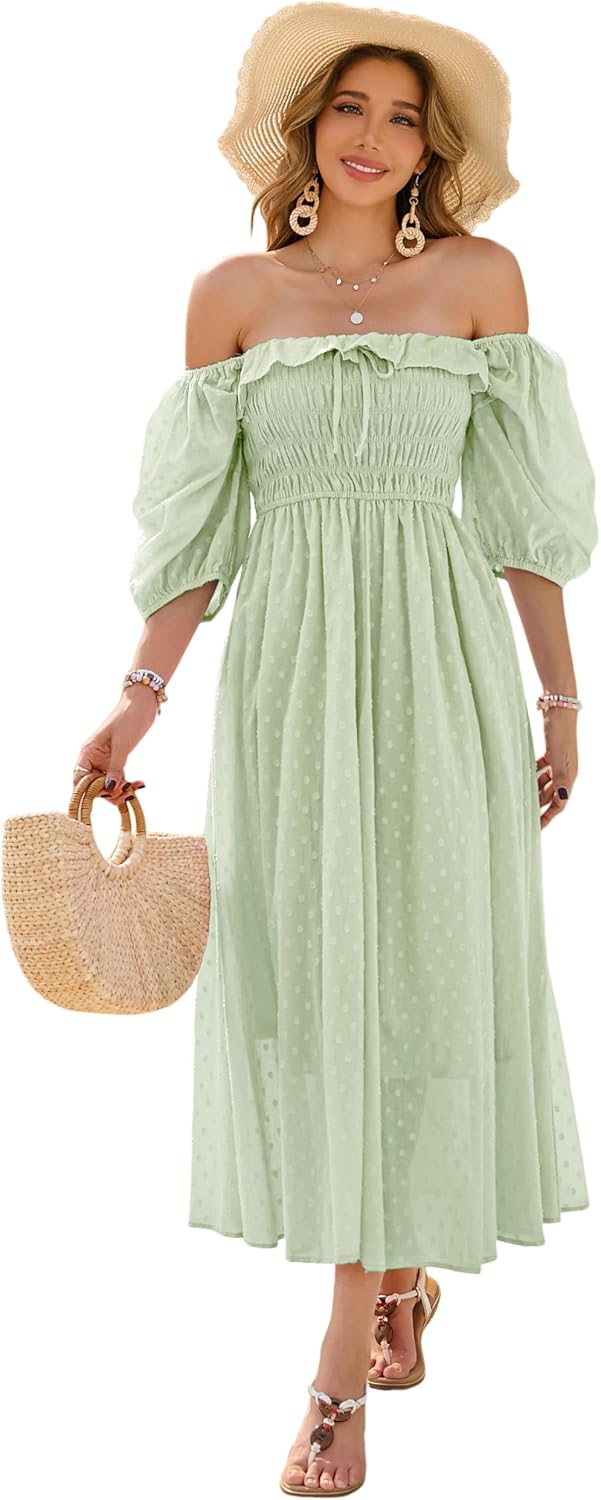 R.Vivimos Women Summer Cotton A Line Flowy Long Dresses | Half Sleeve, Ruffled, Vintage Elegant, Smocked Backless Dress, Maternity Shoot, Baby Shower, Casual Vacation Outfits