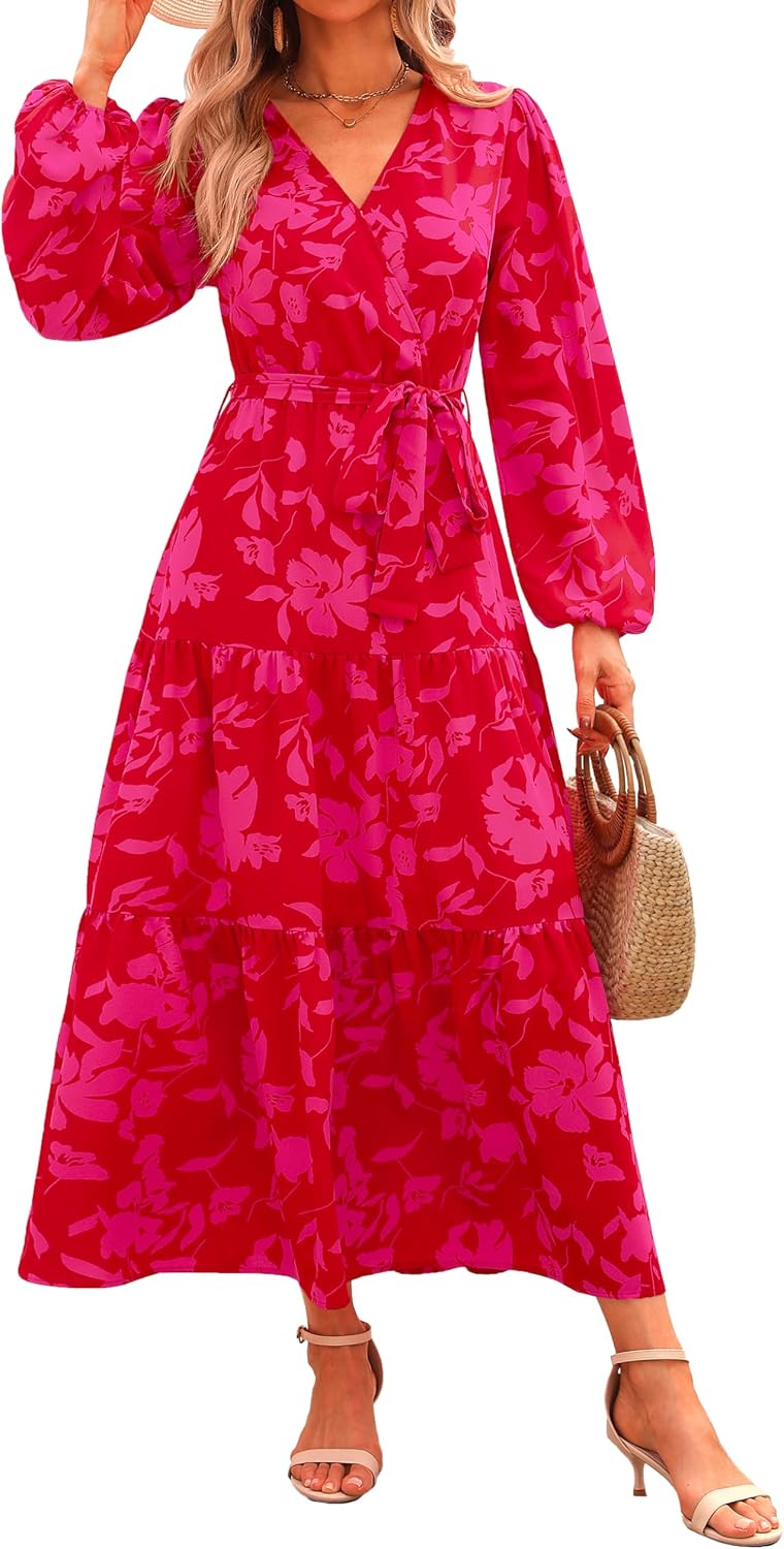 PRETTYGARDEN Womens Long Sleeve Boho Floral Wrap Maxi Dress | Fall Wedding Guest Dresses 2026, Chiffon Flowy Long Dresses, Casual Tie Waist V Neck Dress, Modest A Line Ruffle Tiered Dress