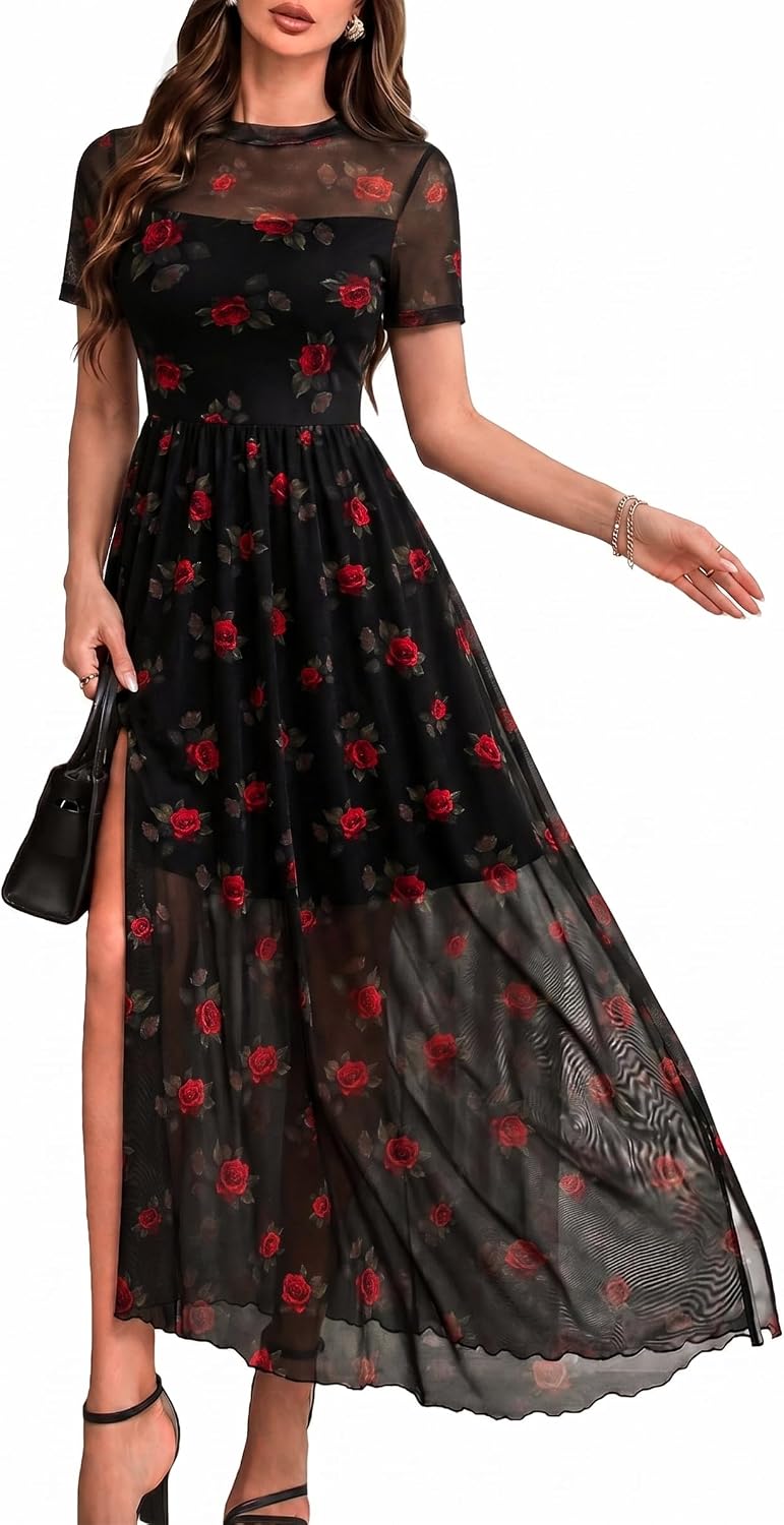 GothDark Women's Floral Mesh Short Sleeve Wedding Guest Maxi Dress | High Slit, Waist-Cinched, Soft Stretchy Fabric, A-Line Dress for Cocktail Party, Date Night, Dinner