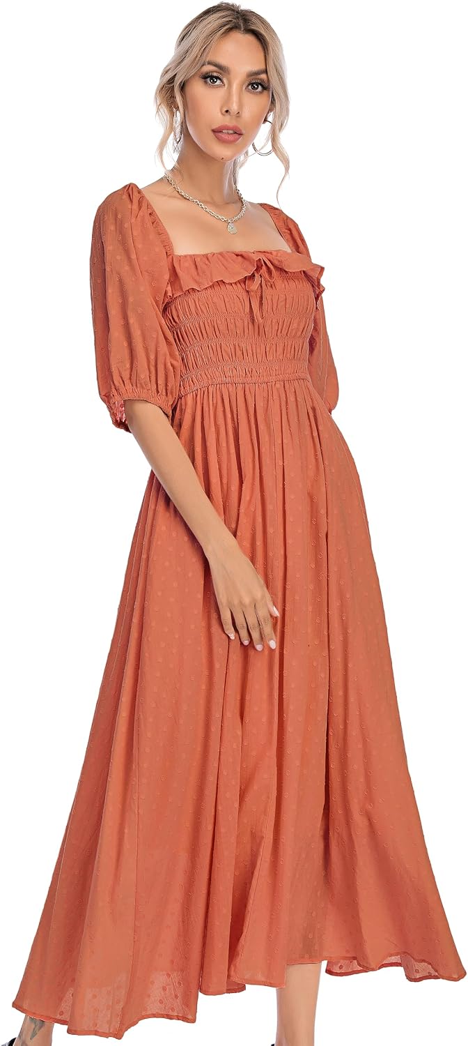 R.Vivimos Women Summer Cotton A Line Flowy Long Dresses | Half Sleeve, Ruffled, Vintage Elegant, Smocked Backless Dress, Maternity Shoot, Baby Shower, Casual Vacation Outfits