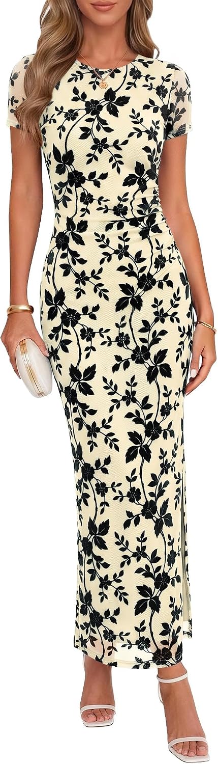 Chunpin Women's 2026 Floral Bodycon Maxi Dress Formal Cocktail Dresses | Wedding Guest Dresses for Women, Ruched Mesh, Elegant Dress, Party Dress, Crew Neck&Short Sleeve, Slit, Summer