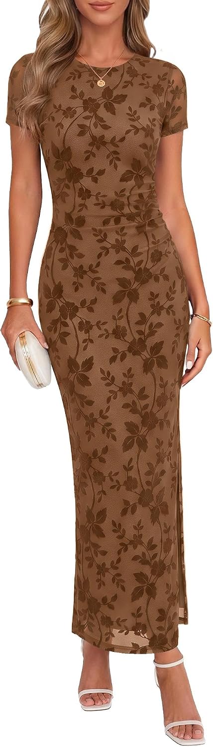 Chunpin Women's 2026 Floral Bodycon Maxi Dress Formal Cocktail Dresses | Wedding Guest Dresses for Women, Ruched Mesh, Elegant Dress, Party Dress, Crew Neck&Short Sleeve, Slit, Summer
