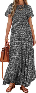 PRETTYGARDEN Women's 2026 Summer Casual Flutter Sleeve Floral Maxi Dress | Crew Neck Short Sleeve Dress, Smocked Top High Waisted Wedding Guest Dresses for Women, Tiered Hem Flowy Boho Long Dresses
