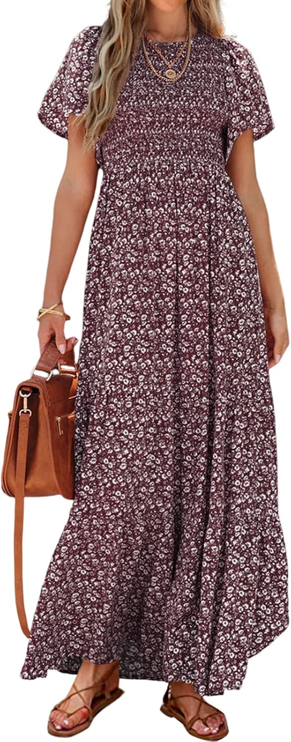 PRETTYGARDEN Women's 2026 Summer Casual Flutter Sleeve Floral Maxi Dress | Crew Neck Short Sleeve Dress, Smocked Top High Waisted Wedding Guest Dresses for Women, Tiered Hem Flowy Boho Long Dresses