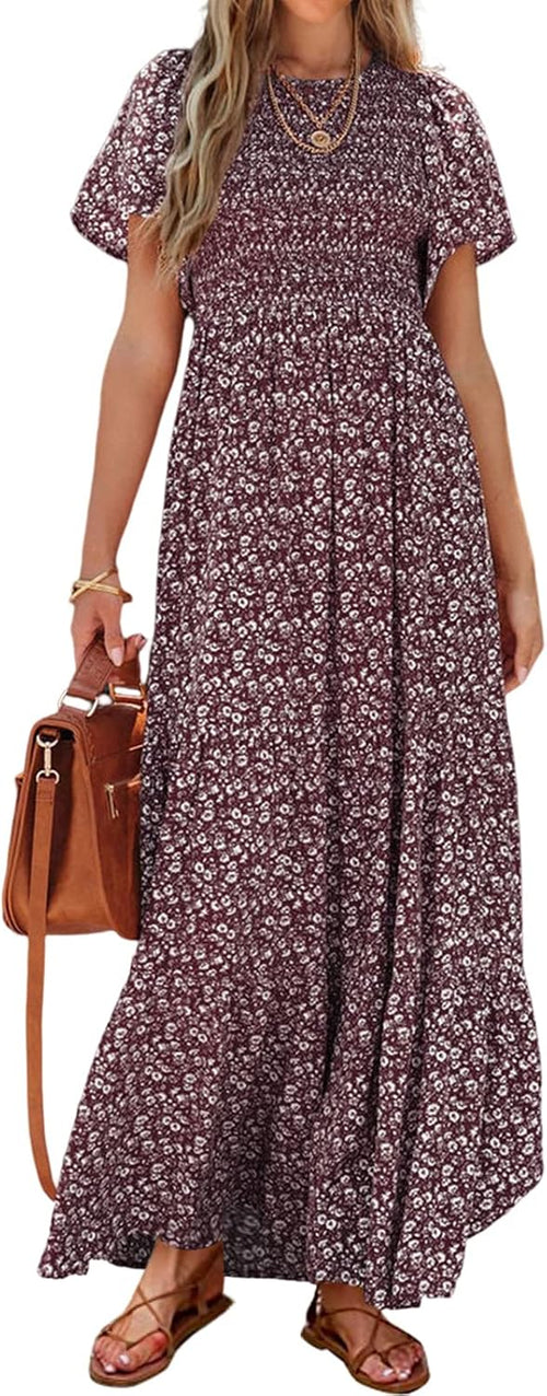 PRETTYGARDEN Women's 2026 Summer Casual Flutter Sleeve Floral Maxi Dress | Crew Neck Short Sleeve Dress, Smocked Top High Waisted Wedding Guest Dresses for Women, Tiered Hem Flowy Boho Long Dresses
