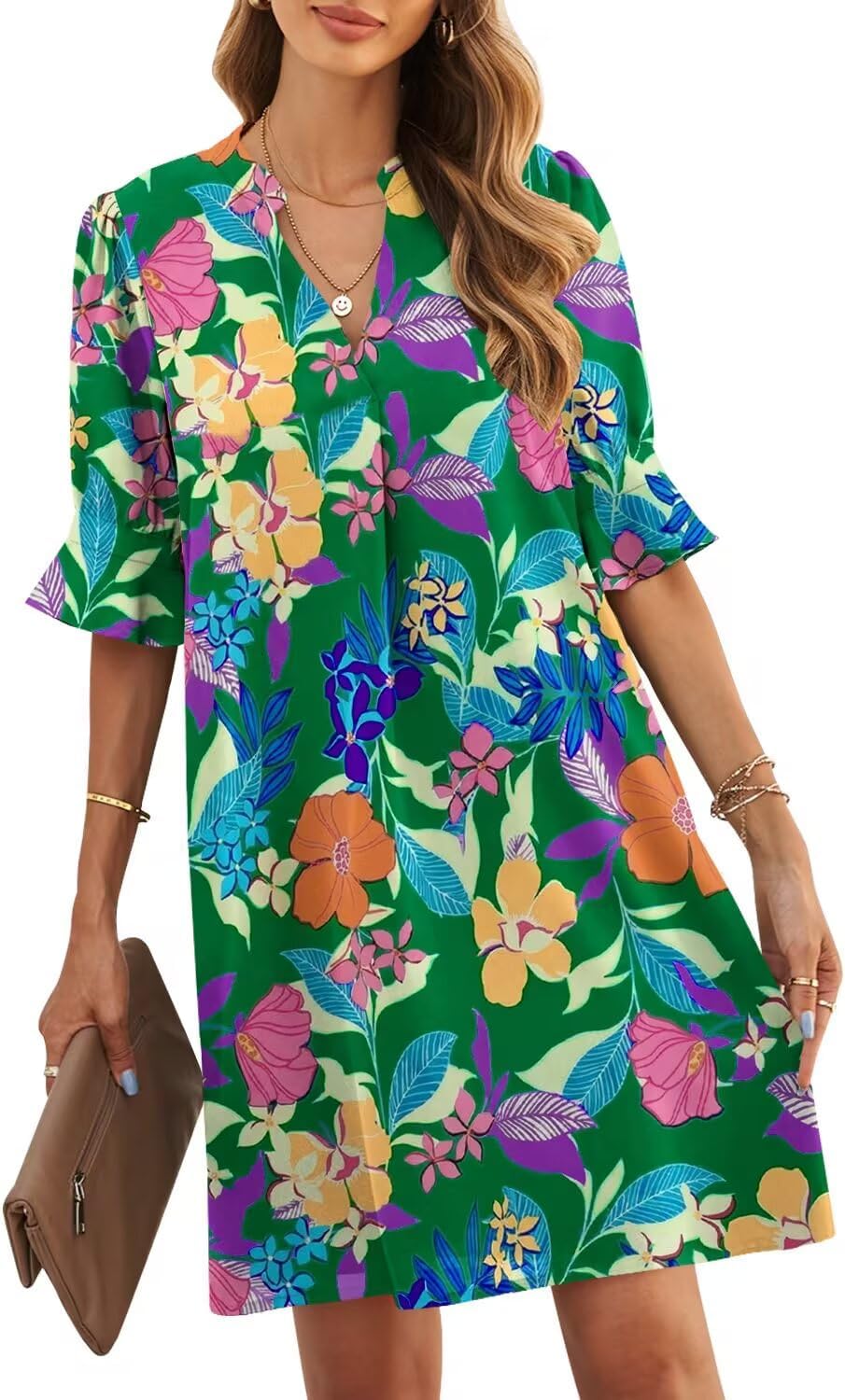 JOCAFIYE Womens Dresses Summer 2026 V-Neck Short Sleeve Dress Shift Dress | Ruffle Short Sleeve, V Neck,Shift Dresses, Floral Print,Mini Short Casual Dress for Graduation Party Date Night Teacher