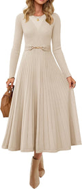 ZESICA Womens Fall Long Sleeve Pleated Midi Sweater Dresses | 2026 Fall Winter Clothes, Crewneck, Soft Knit Fabric, Removable Belted Waist, High Waist, Flowy A Line, Wedding Guest Dresses